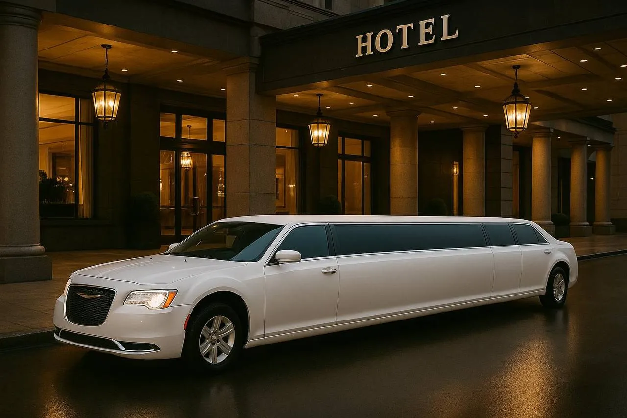 Stretch limousine parked at hotel entrance